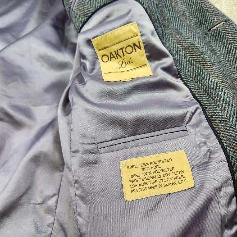 Vintage Herringbone Tweed Blazer Men 44L Leather Button Gray Wool‎ Sport Coat